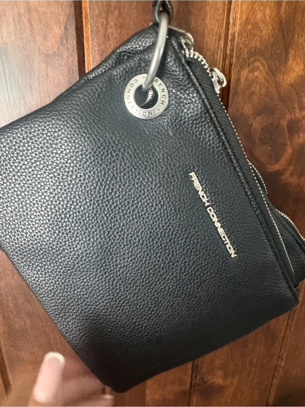 French Connection Black Pebbled Leather Double-Zip Wristlet